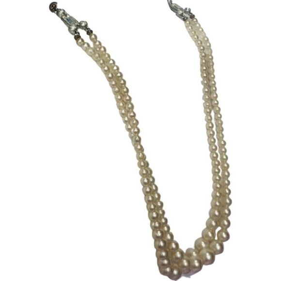 Vintage Oversized Beige Pearl Bead Double Strand Rhinestone Women’s Necklace - Picture 3 of 9